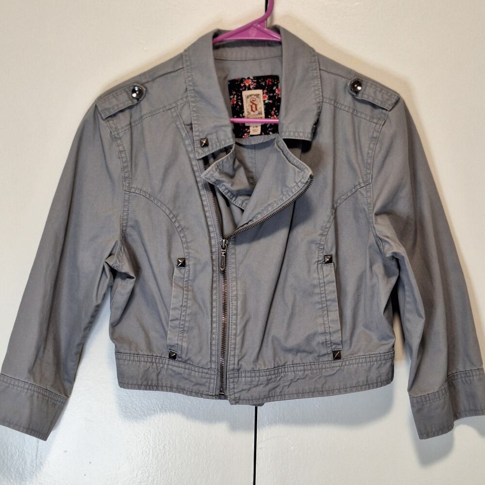 Decree Grey Studded Cropped Moto Utility Jacket Size Large